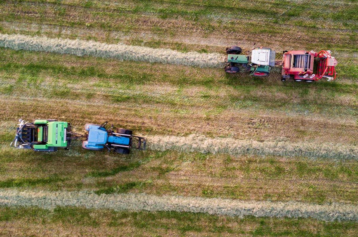 Boeren maaien gras van weiland